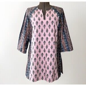 J. Jill Purejill Cotton Linen Blend Petite Small Block Print Tunic Top Pink Blue